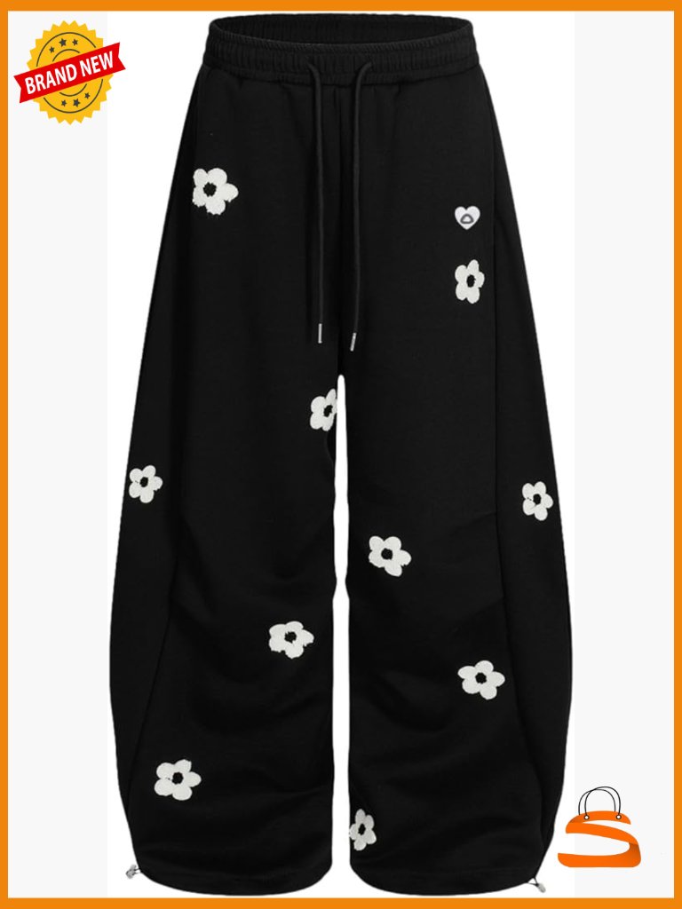 Baggy Wide Leg Sweatpants With Floral Embroidery Y2k Elastic Drawstring Lounge